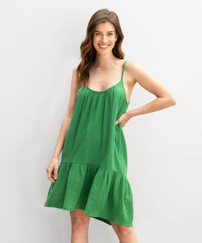Supersoft Gauze Lilou Dress in color Amazon Green on a model