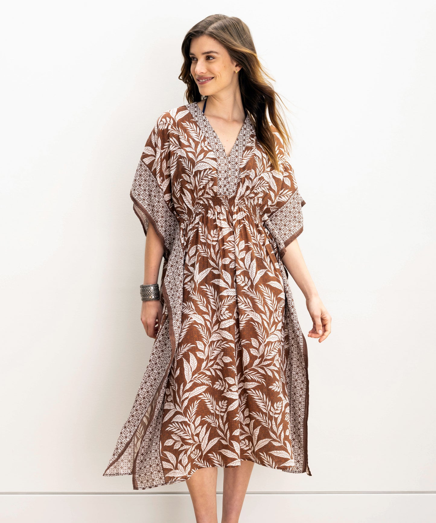 Casablanca Maxi Butterfly Caftan in color Cacao on a model