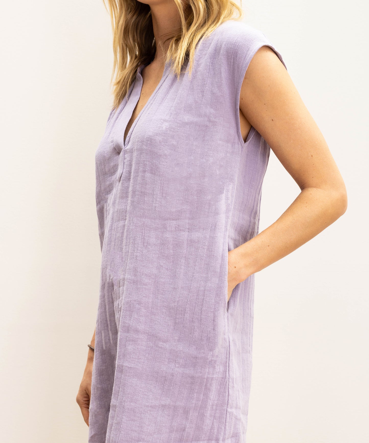 Meridian Isla Dress in color Lavender Mist on a model