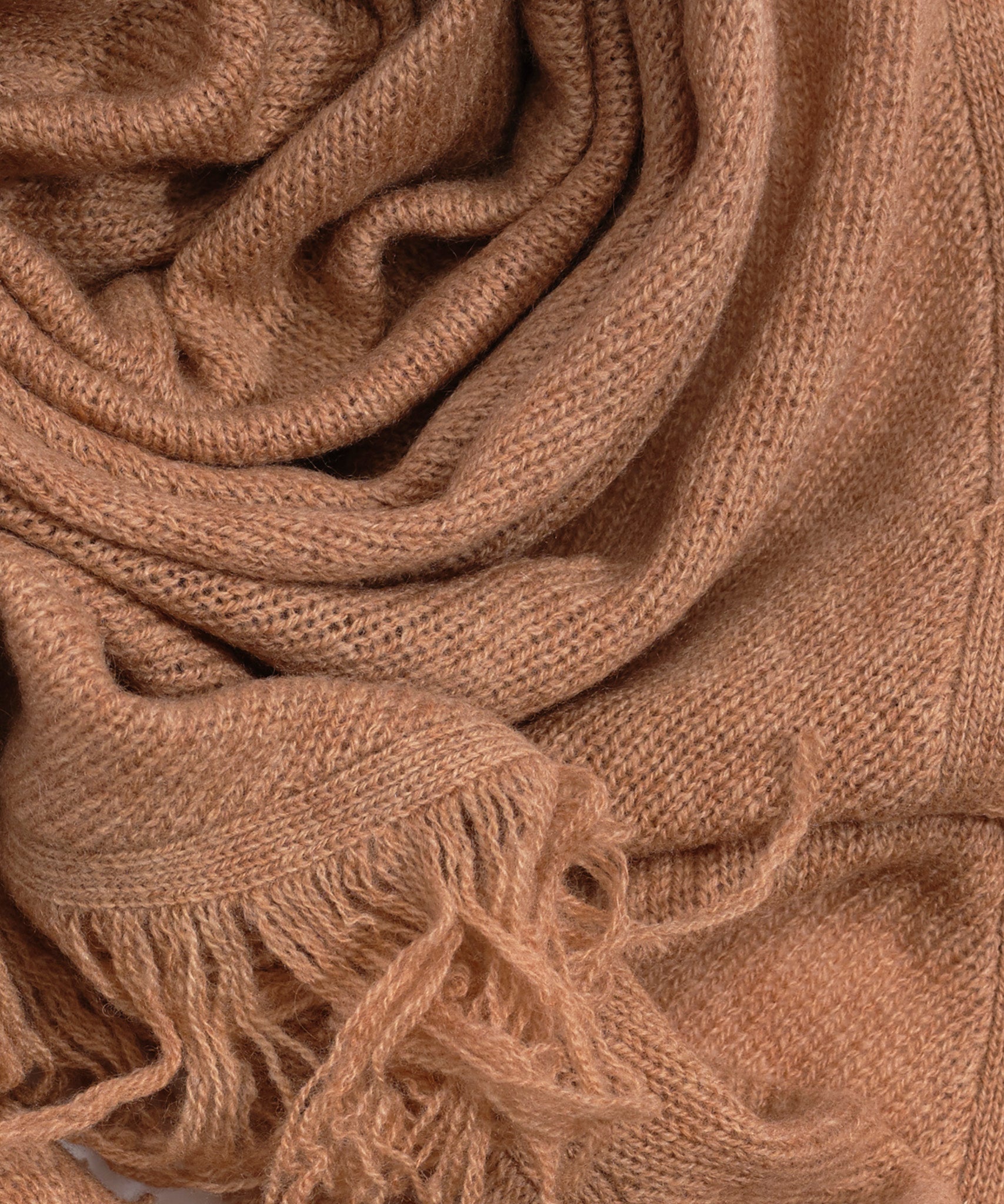 Wool/Cashmere Blend Triangle Fringe Wrap in color Camel Heather