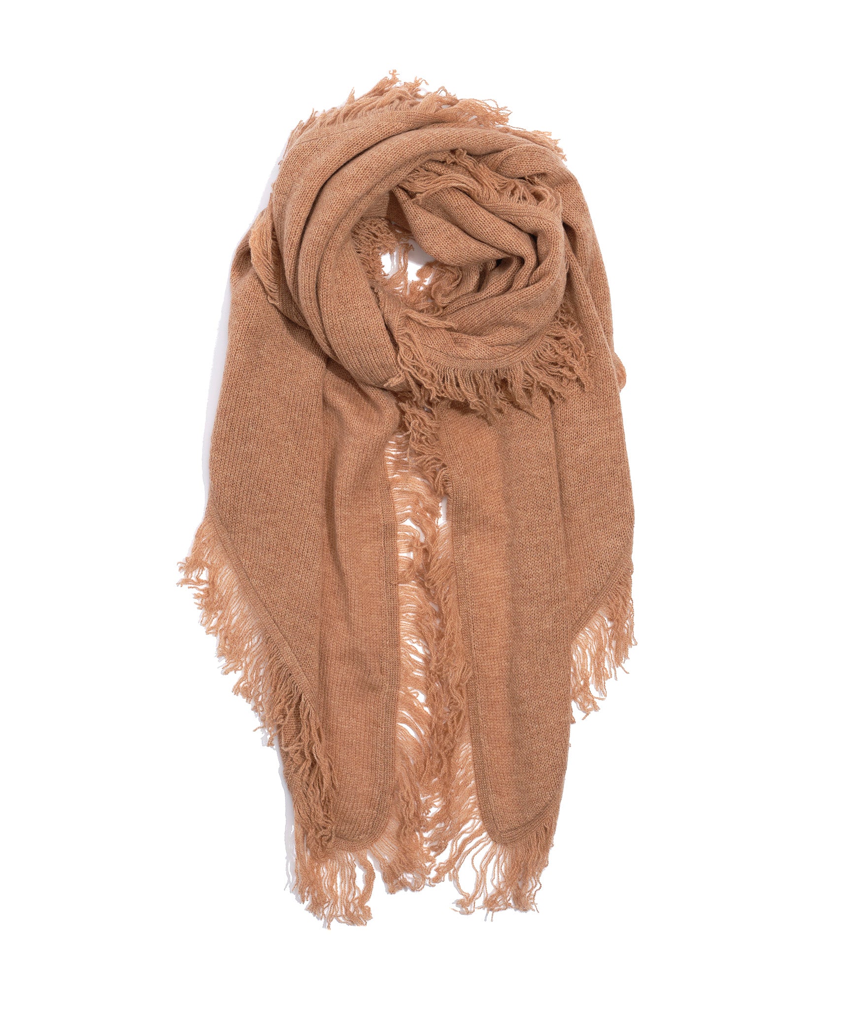 Wool/Cashmere Blend Triangle Fringe Wrap in color Camel Heather