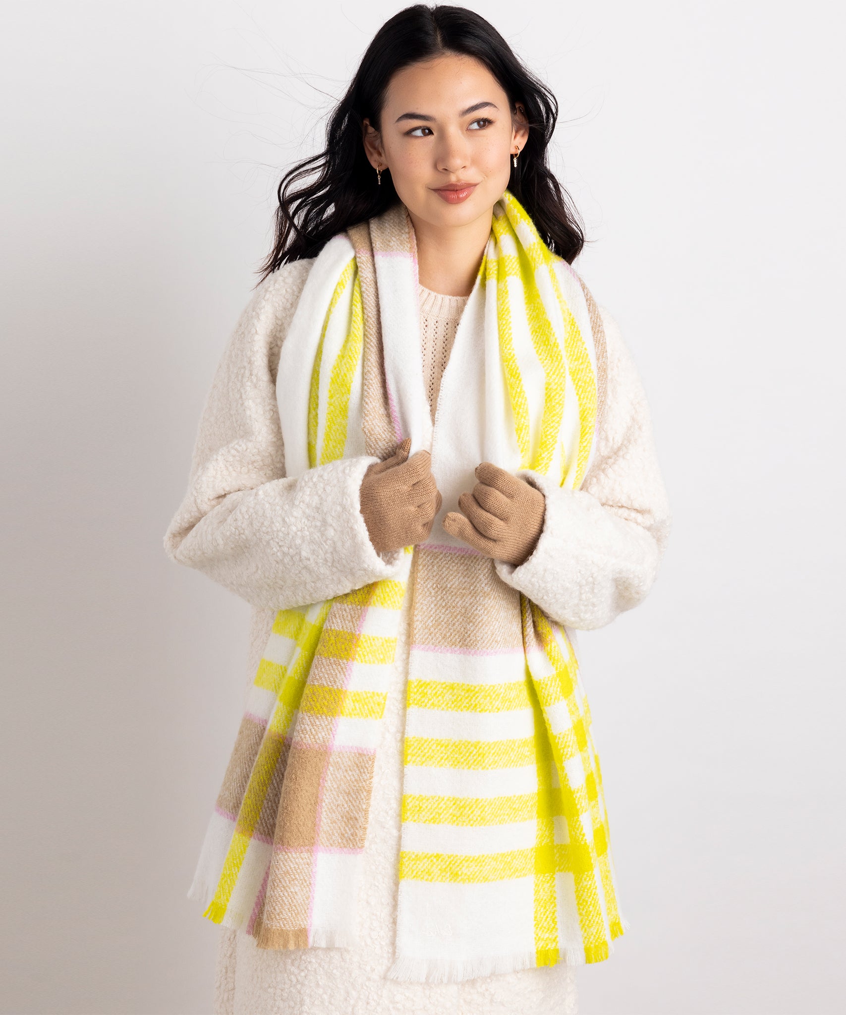 Buzzy Plaid Scarf in color Citrine on a model