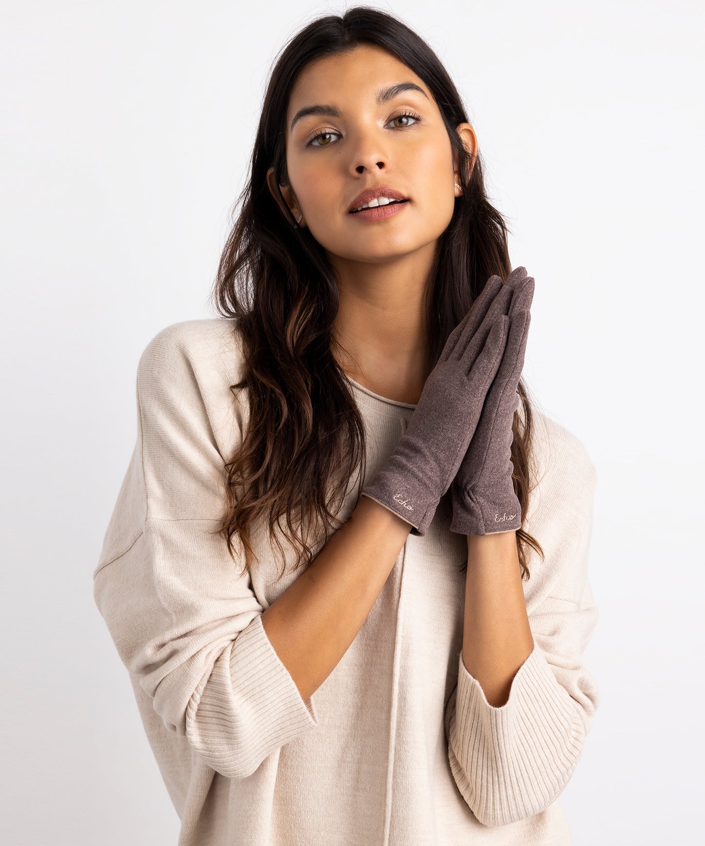 Cozy Stretch Touch Glove in color Java on a model