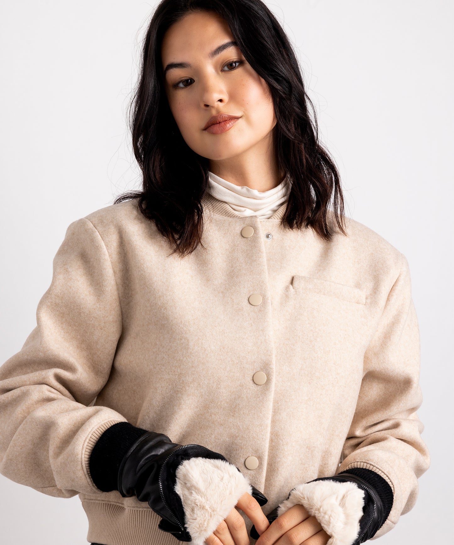Zip-top Glove With Faux Fur Lining in color Black/Cream on a model