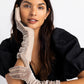 Velvet Stretch Long Glove in color Champagne on a model