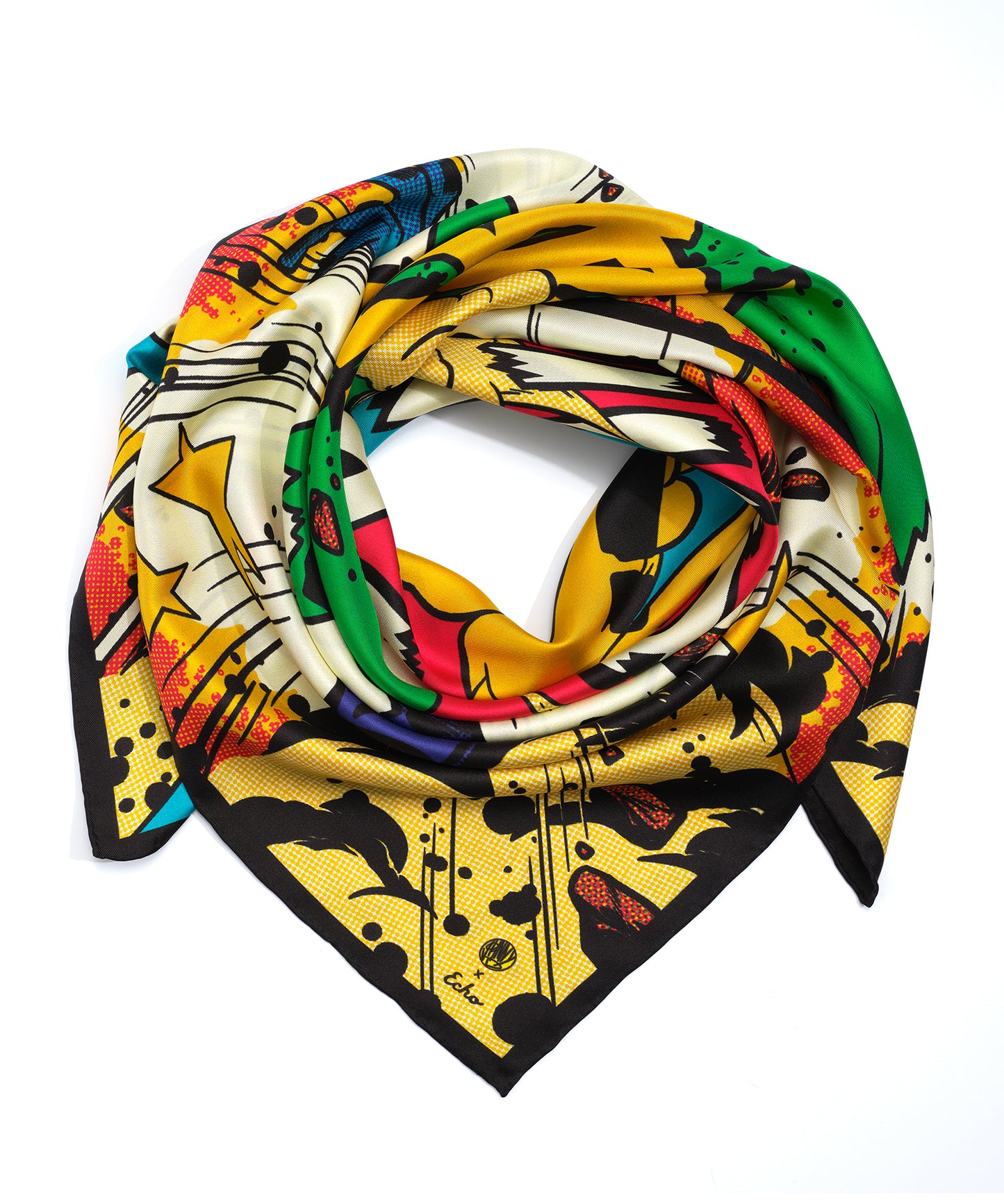 An image of how to wrap the  Pow, Bang, Kaboom, Crash comic book print square silk scarf by Johnny Dombrowski around your neckneck.