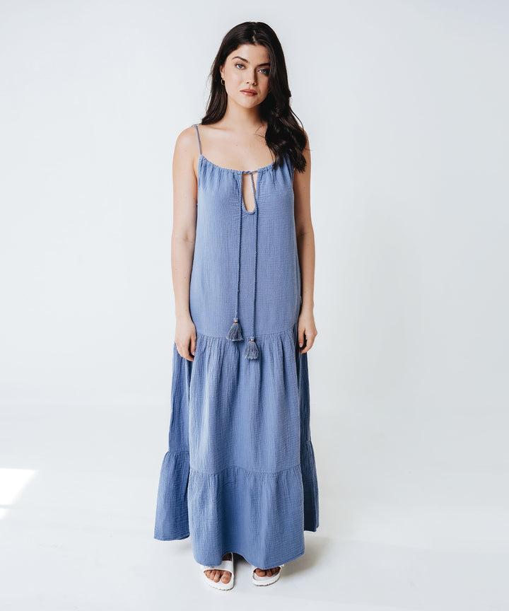 Double Gauze Tiered Maxi Breeze Dress in color Infinity Blue