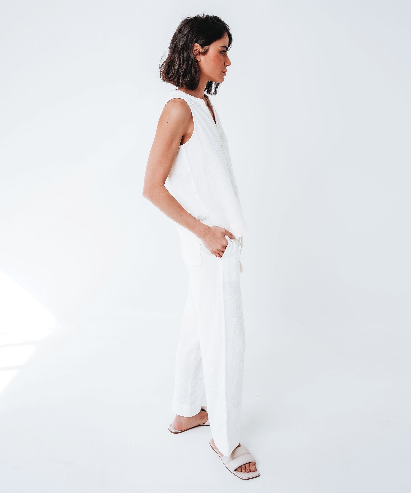 Supersoft Gauze Beach Pant in color Cream on a model