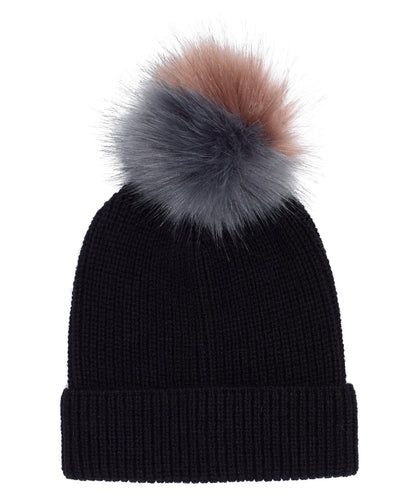 Ribbed Faux Fur Pom Hat in color Echo Black