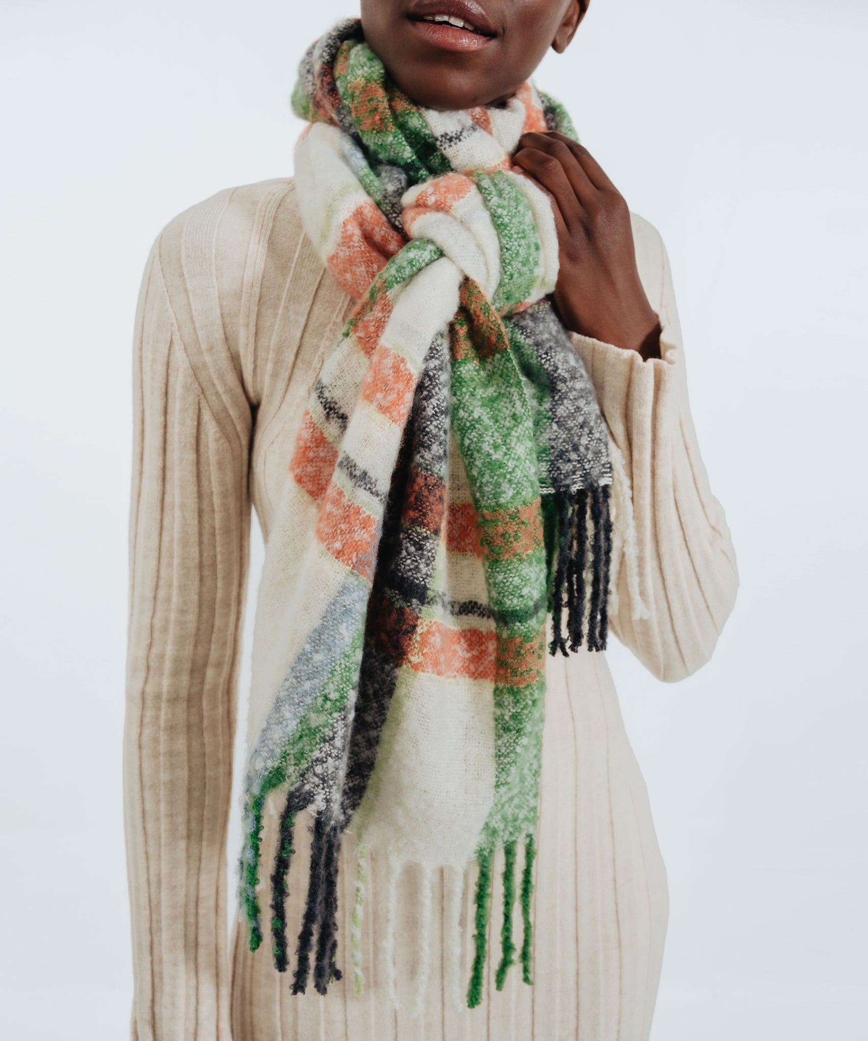 Hiking Plaid Boucle Scarf in color Cucumber