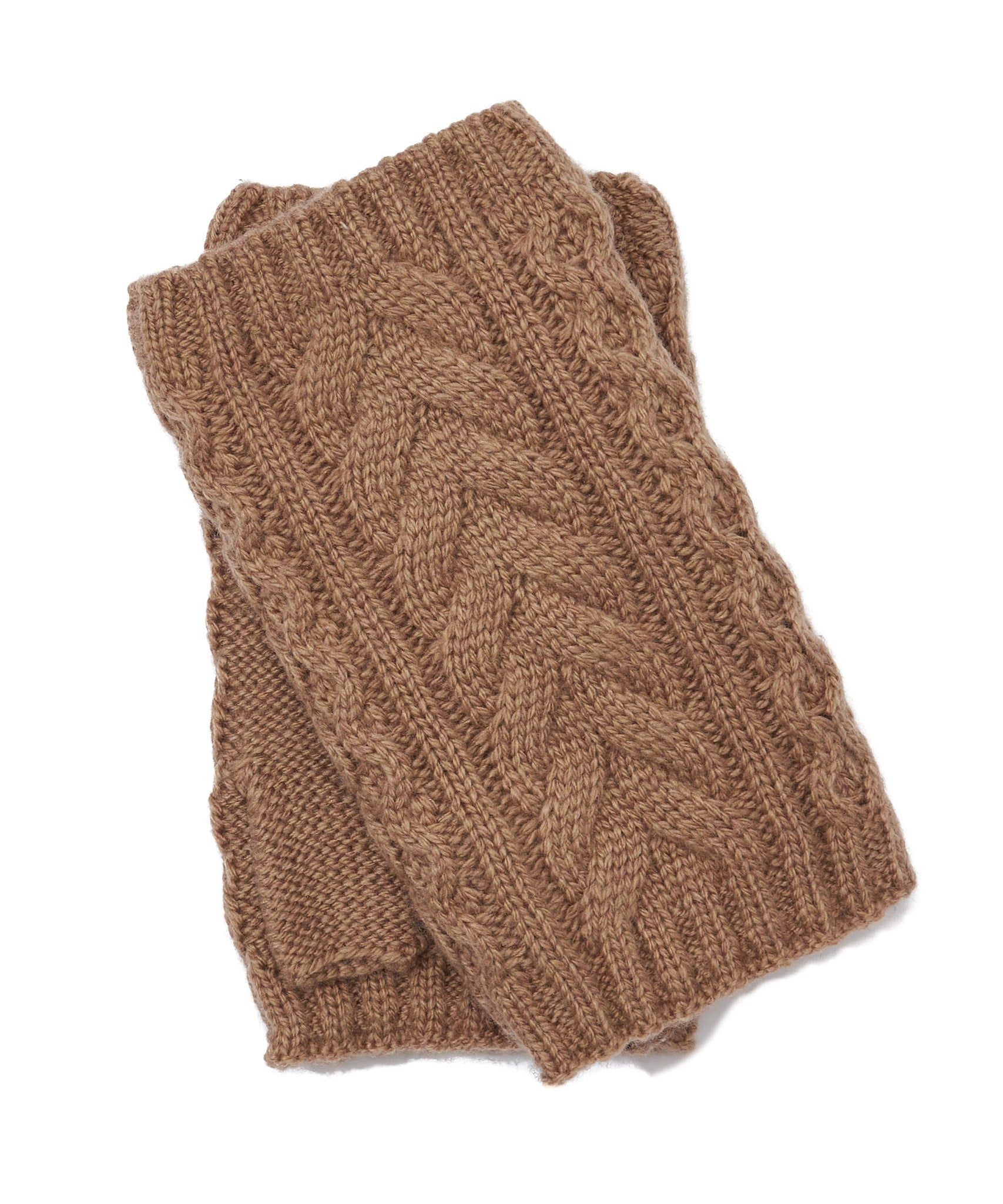 Recycled Wishbone Cable Handwarmer in color Camel Heather