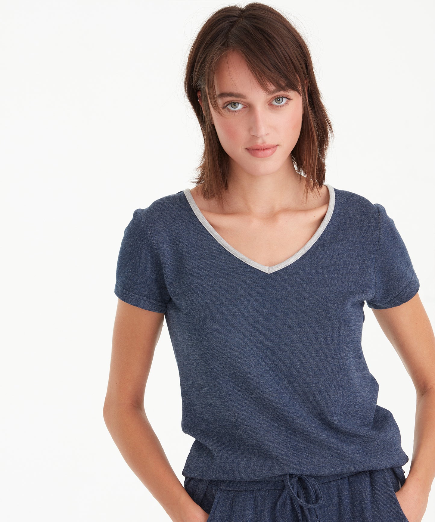 French Terry V-neck Tee in color  Navy Heather
