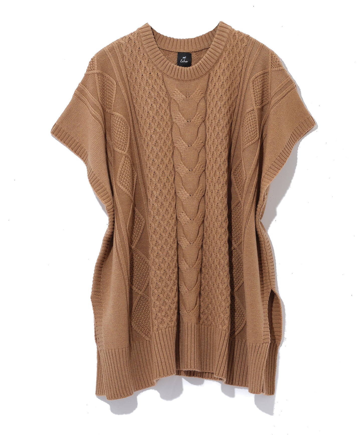Recycled Aran Cable Poncho in color Camel Heather